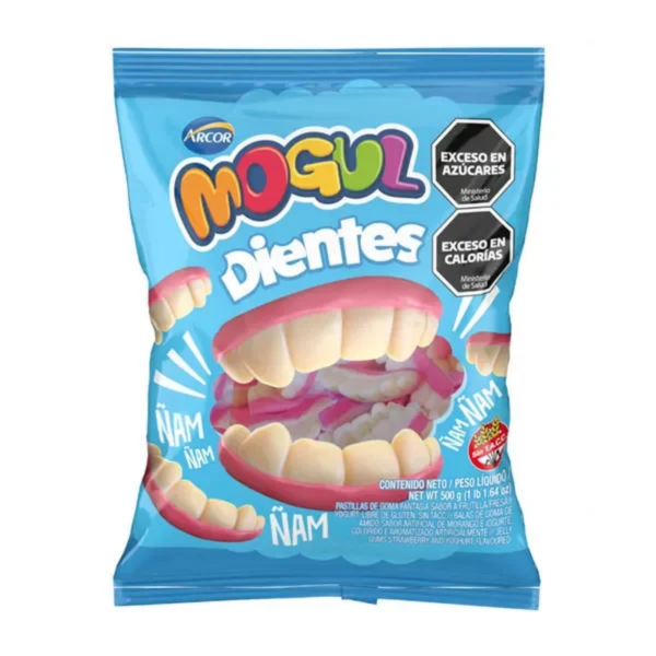 Mogul Dientitos 500 g, bolsa celeste de gomitas con forma de dentadura rosa y blanca, de Arcor, con sello Sin TACC.