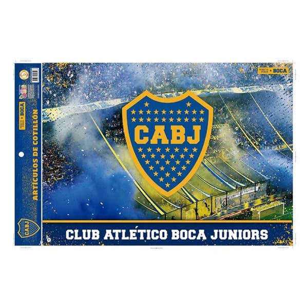 afiche Boca Juniors con escudo azul y oro decorando fiesta