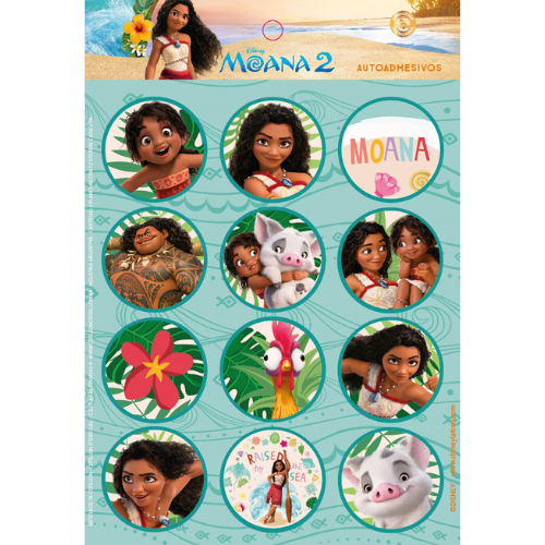 Autoadhesivos Moana 2 con personajes Disney en plancha de 24 stickers