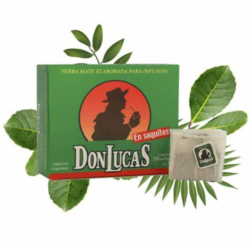 mate cocido Don Lucas caja x25 saquitos con fondo de hojas verdes