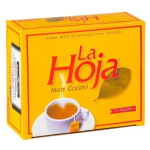 caja de mate cocido La Hoja en saquitos con fondo amarillo y taza humeante