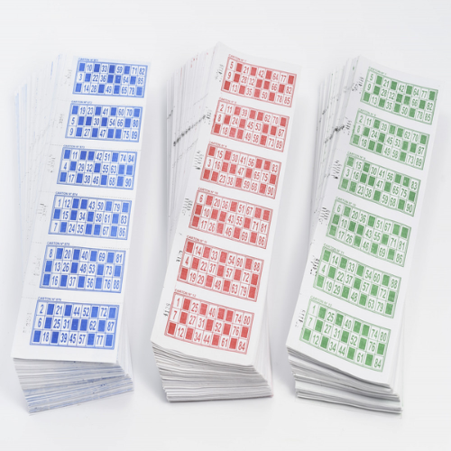 Talonario de bingo x 2016 con cartones azules, rojos y verdes.