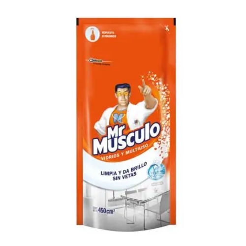 Mr. Músculo Vidrios Doypack 450cc, repuesto económico para limpieza sin vetas de vidrios y superficies brillantes.