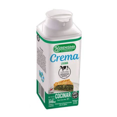Envase de crema liviana La Serenísima 200cc, especial para cocinar