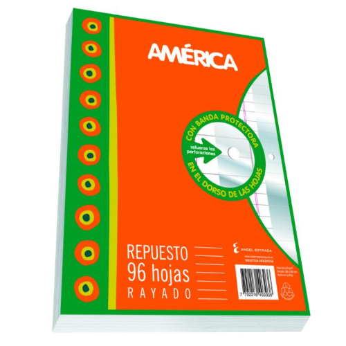 Paquete de Repuesto América 96 Hojas Rayado con banda protectora naranja y verde