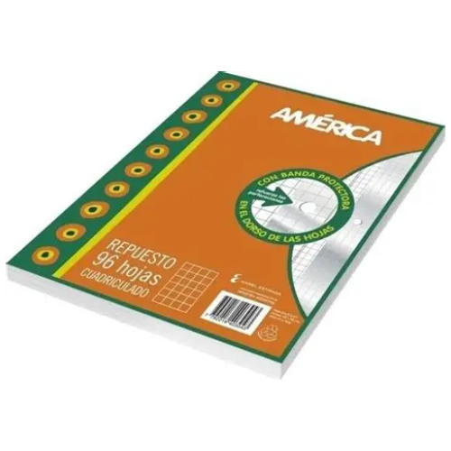 Paquete de Repuesto América 96 Hojas Cuadriculado con banda protectora para carpetas