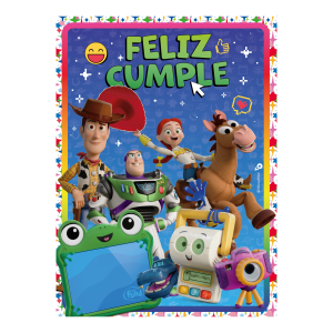 Afiche Toy Story 5 Feliz Cumple con Woody, Buzz Lightyear, Jessie y Tiro al Blanco para decoración de cumpleaños infantiles temáticos.