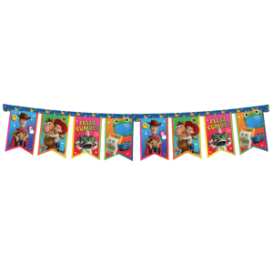 Banderín Toy Story 5 para cumpleaños infantiles con Woody, Buzz Lightyear, Jessie y personajes temáticos para decoración de fiestas.