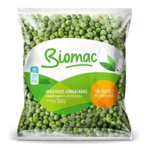 Arvejas Biomac 500 gr congeladas, vegetales 100% naturales sin aditivos ni conservantes, listas para cocinar en guisos, ensaladas, arroces y salteados.