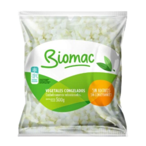 Cebolla en Cubos Biomac 500 gr congelada, cebolla blanca cortada en cubos, 100% natural, sin agregados, aditivos ni conservantes, lista para cocinar.