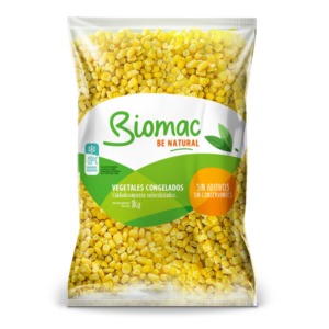 Choclo Biomac 500 gr congelado, granos de choclo 100% naturales sin agregados, aditivos ni conservantes, listos para cocinar en ensaladas, salteados, guarniciones y tartas.