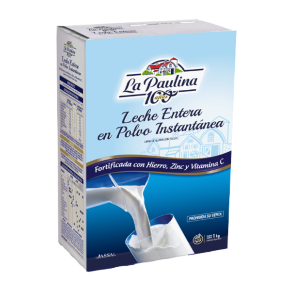 Leche en Polvo Entera La Paulina 800gr instantánea, fortificada con hierro, zinc y vitamina C, ideal para preparar leche y recetas de cocina.