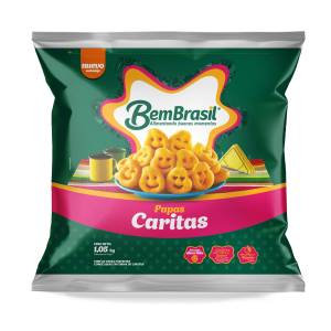 Papas Caritas Bem Brasil 1050 gr congeladas, papas prefritas con forma de caritas, ideales para freidora o air fryer, crocantes por fuera y suaves por dentro.