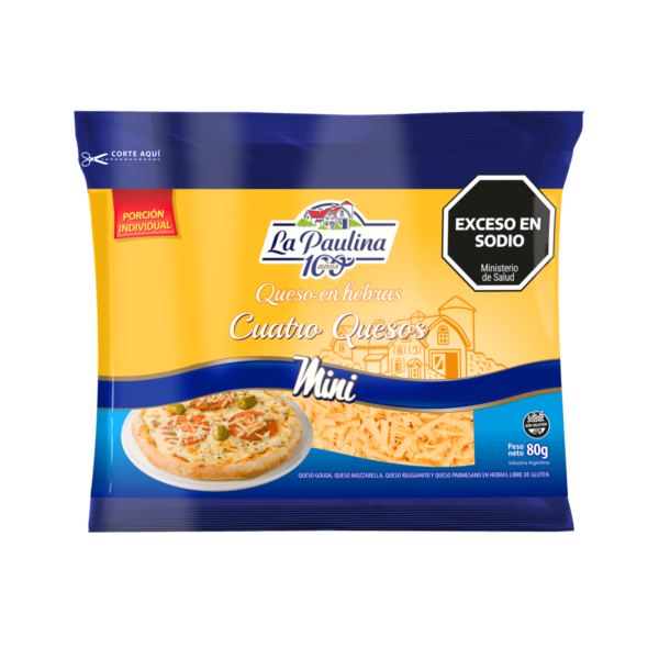 queso hebras mini la paulina 80g Queso en Hebras La Paulina 80gr Mini Cuatro Quesos, mezcla de Gouda, Mozzarella, Reggianito y Parmesano, ideal para pizzas, pastas, tartas y comidas gratinadas.