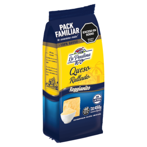 Queso Rallado La Paulina Reggianito 450gr Pack Familiar, elaborado 100% con queso, ideal para pastas, pizzas, gratinados y ensaladas, sin lactosa y libre de gluten.