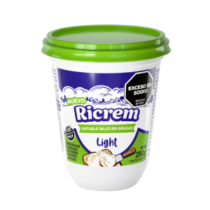 Queso Crema Ricrem Light 280gr, untable bajo en grasas, de textura cremosa y sabor suave, ideal para untar, preparar salsas, dips, rellenos y postres, libre de gluten.
