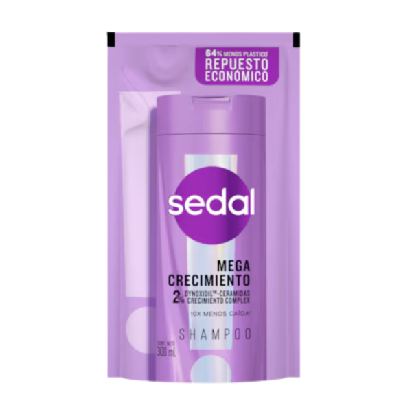 sedal sh 300 doy mega crecimiento Sedal Shampoo Mega Crecimiento 300ml Doy Pack repuesto económico con 2% Dynoxidil y Ceramidas Crecimiento Complex para fortalecer el cabello y aportar mayor volumen.
