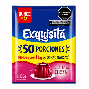 Gelatina Cereza Exquisita 150 g rinde 50 porciones de postre sabor cereza para familias y eventos.