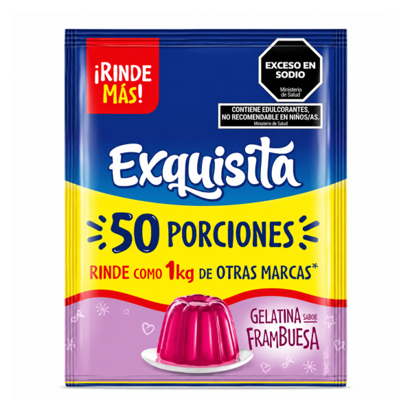 Gelatina Frambuesa Exquisita 150 g rinde 50 porciones ideal para preparar postres y eventos.