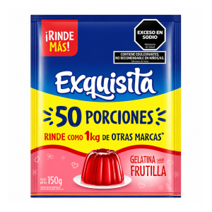 Gelatina Frutilla Exquisita 150 g rinde 50 porciones de postre sabor frutilla ideal para eventos y reuniones.