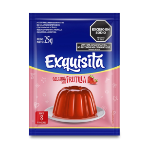Gelatina Frutilla Exquisita 25 g rinde hasta 8 porciones de postre sabor frutilla fácil de preparar.