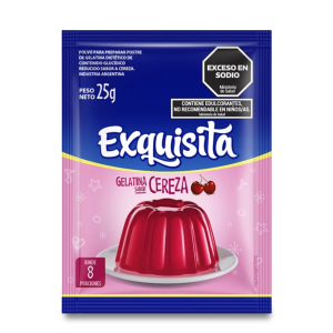 Gelatina Cereza Exquisita 25 g rinde hasta 8 porciones de postre sabor cereza fácil de preparar.
