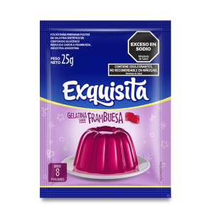 Gelatina Frambuesa Exquisita 25 g rinde hasta 8 porciones de postre sabor frambuesa fácil de preparar.