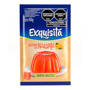 Gelatina Naranja Exquisita 40 g sabor naranja rinde hasta 8 porciones de postre frío y refrescante.