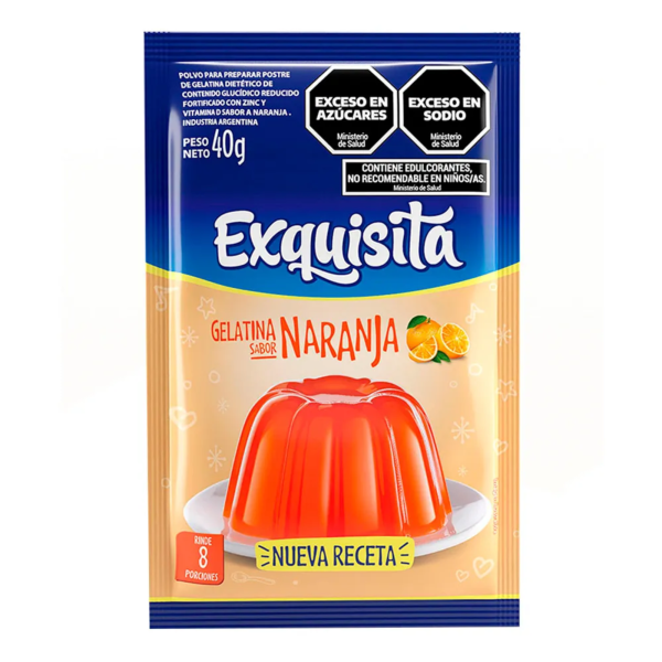exquisita gelatina 40 naranja Gelatina Naranja Exquisita 40 g sabor naranja rinde hasta 8 porciones de postre frío y refrescante.