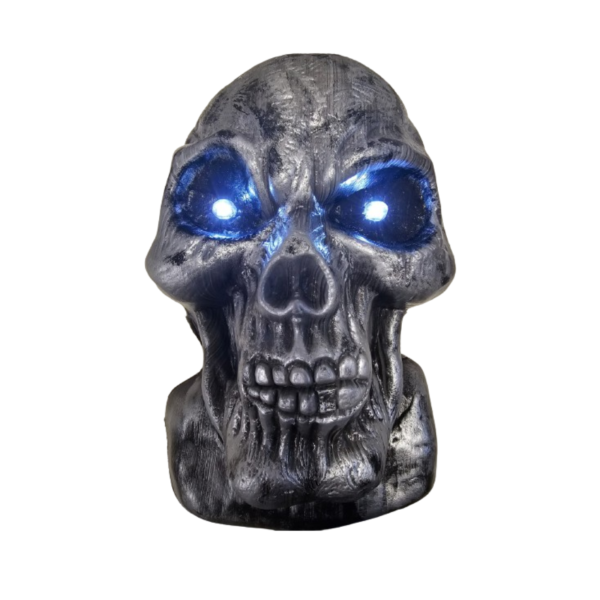 CALAVERA GIGANTE COLGAR LUZ PLATA Calavera gigante plateada con luz en los ojos para Halloween