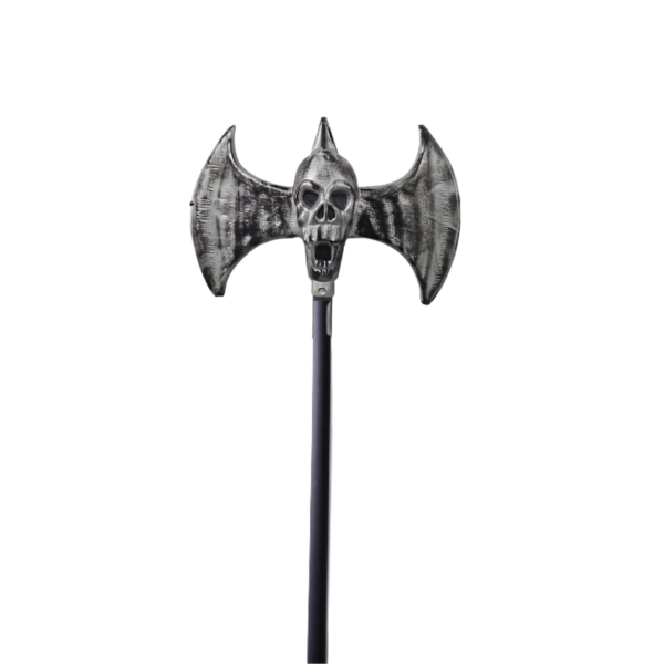 Hacha doble diablo gris Stasio con calavera y mango negro para Halloween
