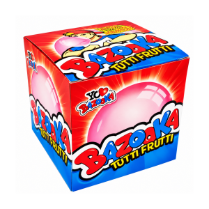 Caja Bazooka Tutti Frutti x80 unidades de chicles, envase rojo y azul con ilustración de globo de chicle