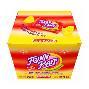 Caja Georgalos Flynn Paff Frutilla 560 g de caramelos masticables, envase amarillo y rojo con ilustración de caramelo individual