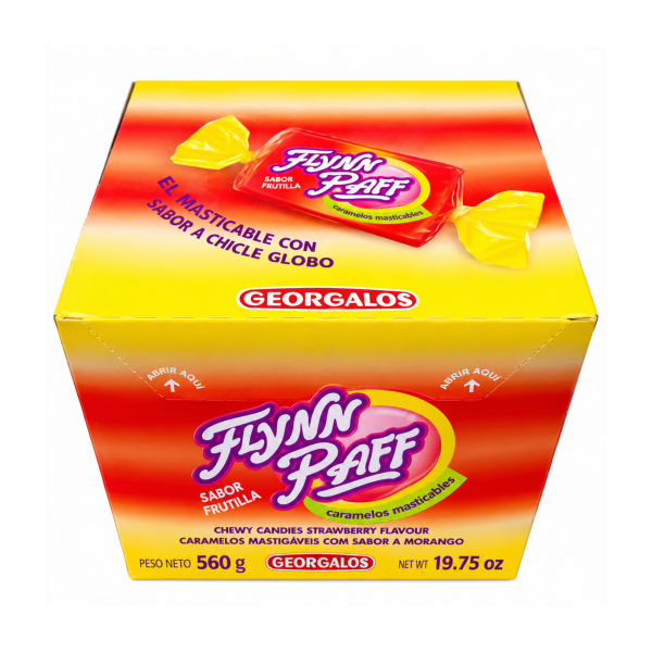 Caja Georgalos Flynn Paff Frutilla 560 g de caramelos masticables, envase amarillo y rojo con ilustración de caramelo individual