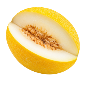 Melón fresco de cáscara amarilla, cortado para mostrar su pulpa clara y semillas, disponible por 500 g y 1 kg en Casa Segal