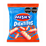 Bolsa Misky Gomitas Dientitos 500 g, caramelos de goma sabor frutilla sin TACC, envase azul y rojo con gomitas en forma de dientes blancos y rosas