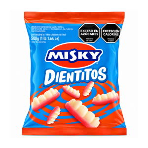Bolsa Misky Gomitas Dientitos 500 g, caramelos de goma sabor frutilla sin TACC, envase azul y rojo con gomitas en forma de dientes blancos y rosas