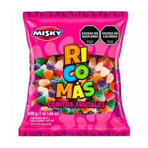 Misky Gomitas Ricomás Conitos Frutales 500 g, bolsa rosa con caramelos de goma surtidos de colores y forma de cono