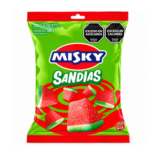 misky gomita sandia Bolsa Misky Gomitas Sandías 500 g, caramelos de goma sabor sandía sin TACC, envase verde con ilustraciones de gomitas rojas y verdes