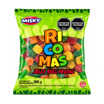 Misky Gomitas Ricomás Jelly Roll Frutal 500 g, bolsa verde con caramelos de goma de colores surtidos y sello Sin TACC
