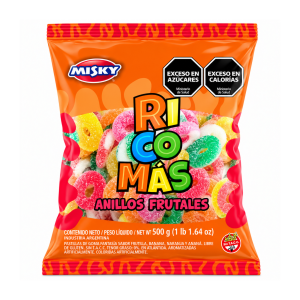 Misky Gomitas Ricomás Anillos Frutales 500 g, bolsa naranja con gomitas de colores en forma de anillo, libres de gluten