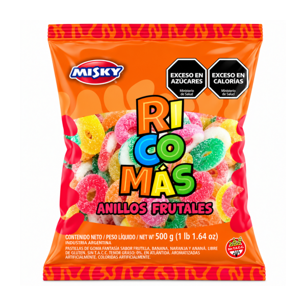 misky ricomas anillos frutales 500 Misky Gomitas Ricomás Anillos Frutales 500 g, bolsa naranja con gomitas de colores en forma de anillo, libres de gluten