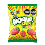 Mogul Extreme Frutillas 500 g, bolsa verde y amarilla con gomitas rojas en forma de frutilla y cobertura azucarada.