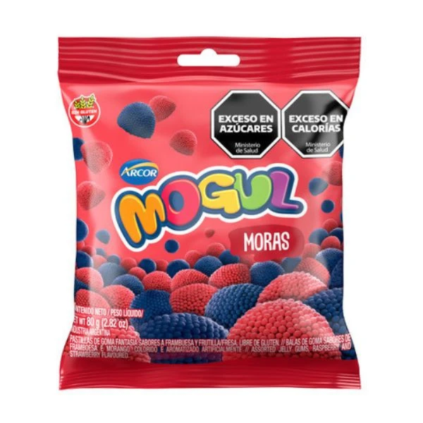 mogul 500 moras Mogul Moras 500 g, bolsa roja de Arcor con gomitas de colores rojo y azul, sabores frambuesa y frutilla.