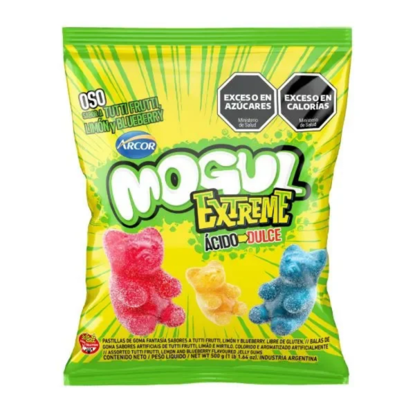 mogul 500 oso extreme Mogul Extreme Oso 500 g, bolsa amarilla y verde con gomitas ácidas en forma de ositos rojos, amarillos y azules.