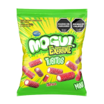 Mogul Extreme Tubitos 500 g sabor frutilla, bolsa verde y amarilla con caramelos masticables rojos de relleno blanco.