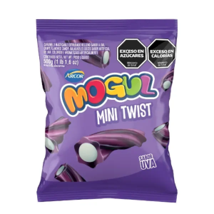 Mogul Mini Twist Uva 500 g, paquete de gomitas sabor uva de Arcor.