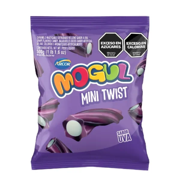 mogul mini twist uva 500 Mogul Mini Twist Uva 500 g, paquete de gomitas sabor uva de Arcor.