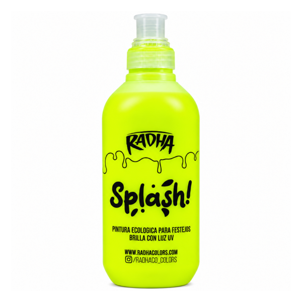 Splash Radha Amarillo 500 cc, botella de pintura ecológica para festejos con efecto fluorescente bajo luz UV.
