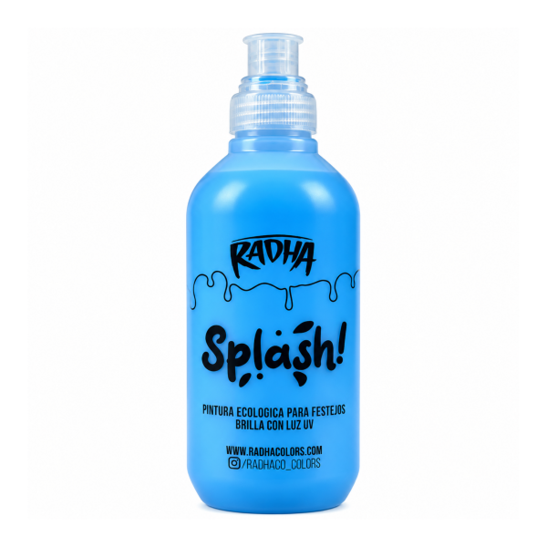 Splash Radha Celeste 500 cc, botella azul de pintura ecológica para festejos con efecto fluorescente bajo luz UV.